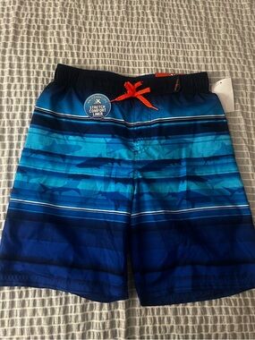 ZeroXposur Blue Ombre Shark Stripe Swim Trunks with Orange Drawstring
